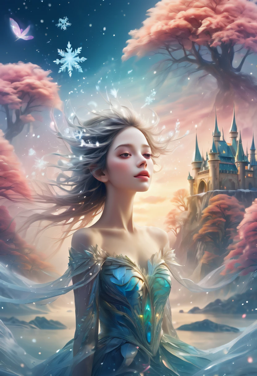 The princess&#39;s face appears in the air，(multiple exposure:1.5),winter landscape，Surreal wonderland，Dreamy cloud and fairy island，Big snowflakes，Colorful big snowflakes are flying，A princess&#39;The palace is covered with snow，The tree of life blooms with endless vitality，Twinkling stars in the night sky，Overlapping clouds and fog，Whimsical fantasy landscape art, Beautiful Art Ultra HD 8K, 8K highly detailed digital art, beautiful detailed fantasy, epic dreamlike fantasy landscape, Mysterious and dreamy scenery, Magic fantasy is very detailed, magical scenery, composed...consist of ,  and Snow Fantasy Floating Fairy Island, detailed fantasy digital art, 8K detailed digital art