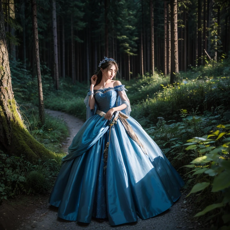 tmasterpiece, Best quality at best, Bandits' den_Time flies, a blue dress, bandit leader, Dark alpine forest, Permanent, the night, Ao olhar para cima, The upper part of the body, 详细的脸