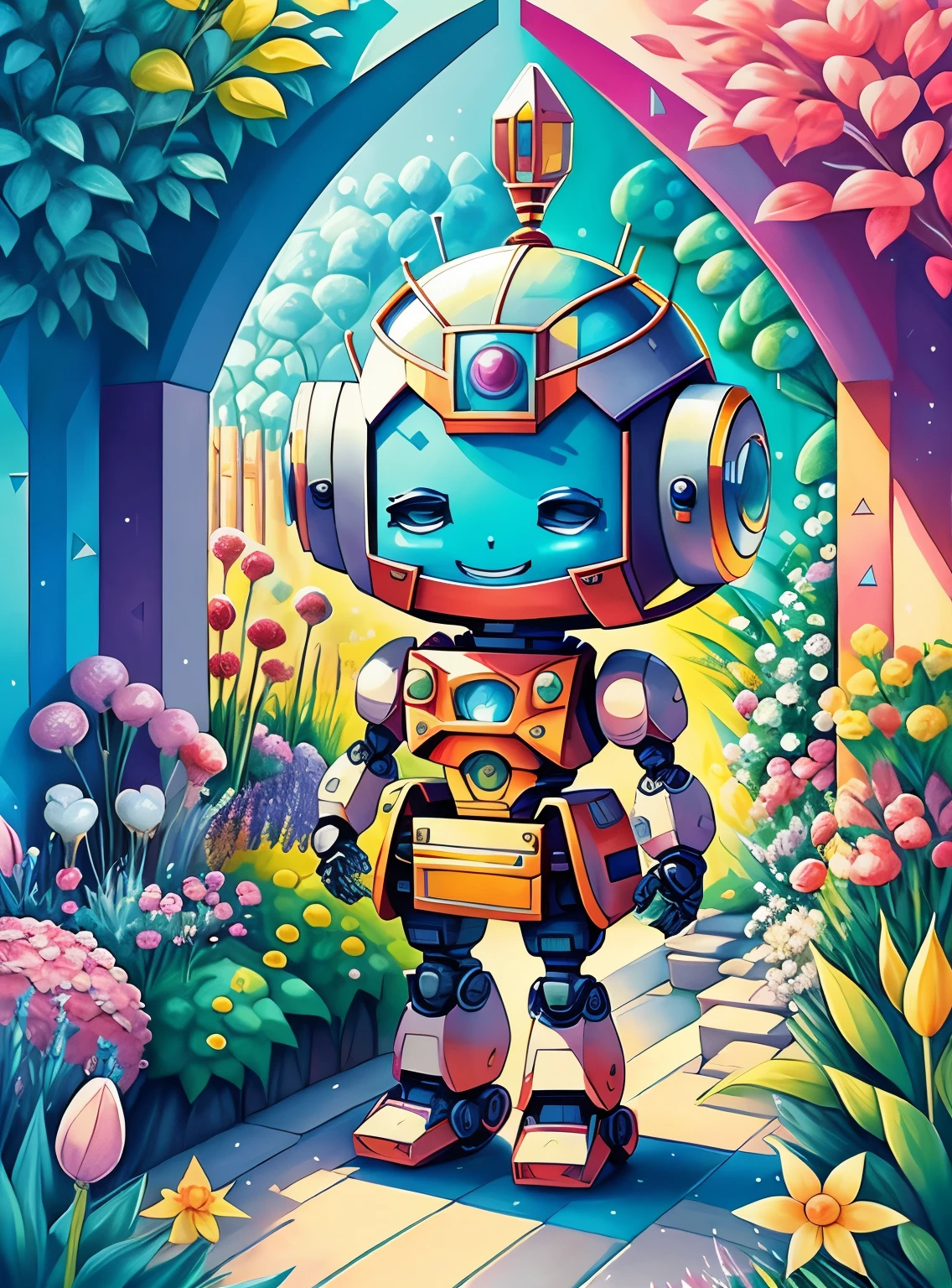 (cute robot smiling in a beautiful garden) Munchkin, Geometric multidimensional wall portrait, livro de arte, Tchibi,
Yang08k, Beautiful, Colouring,
Obras, of the highest quality, best quality, Arte Oficial, Beautiful and Aesthetic,