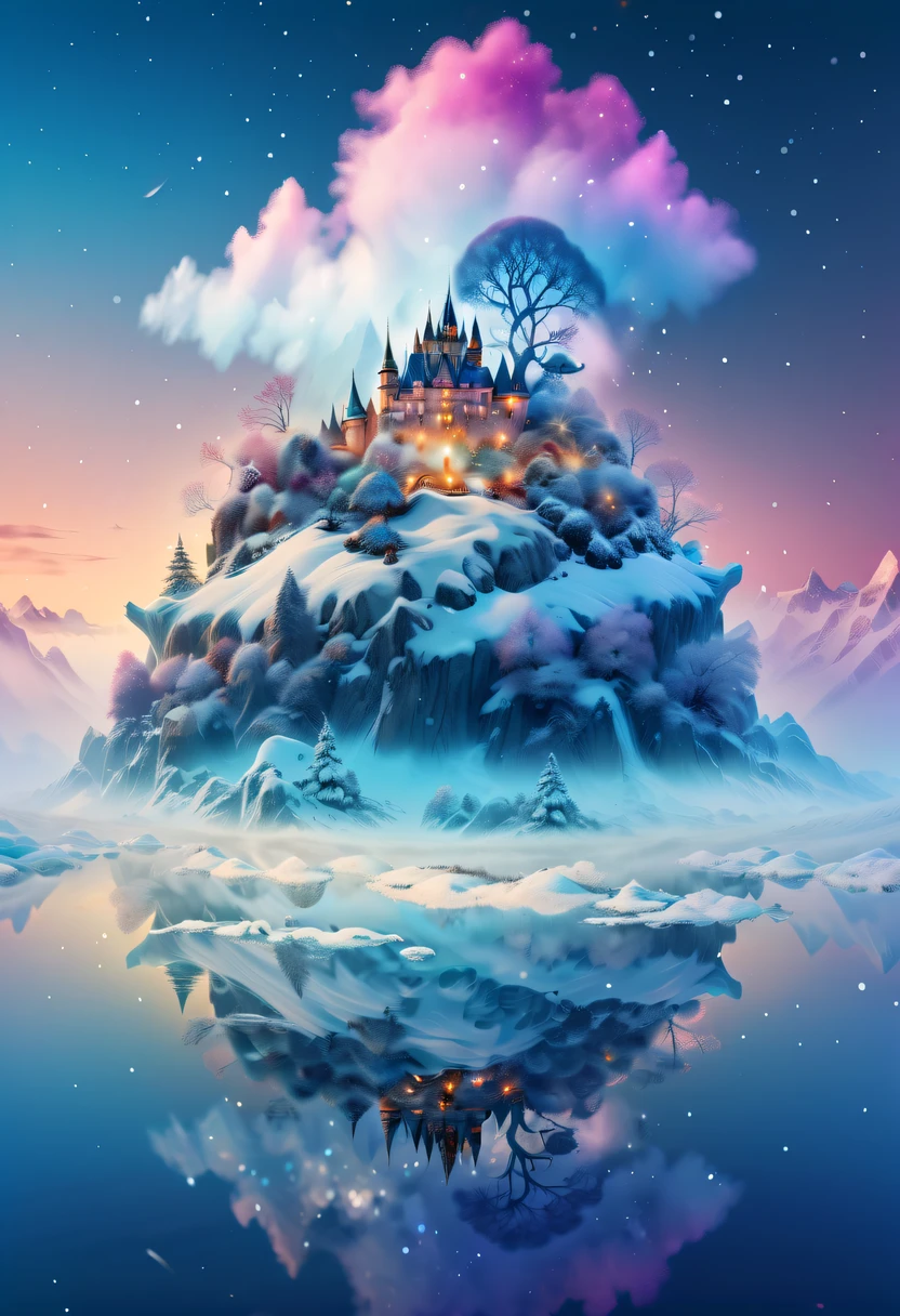 The princess&#39;s face appears in the air，(multiple exposure:1.5),winter landscape，Surreal wonderland，Dreamy cloud and fairy island，Big snowflakes，Colorful big snowflakes are flying，A princess&#39;The palace is covered with snow，The tree of life blooms with endless vitality，Twinkling stars in the night sky，Overlapping clouds and fog，Whimsical fantasy landscape art, Beautiful Art Ultra HD 8K, 8K highly detailed digital art, beautiful detailed fantasy, epic dreamlike fantasy landscape, Mysterious and dreamy scenery, Magic fantasy is very detailed, magical scenery, composed...consist of ,  and Snow Fantasy Floating Fairy Island, detailed fantasy digital art, 8K detailed digital art