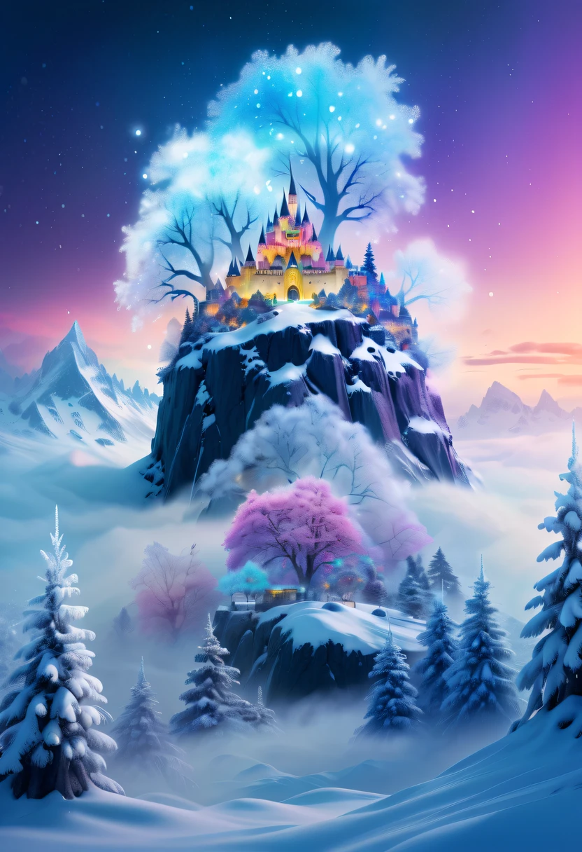 The princess&#39;s face appears in the air，(multiple exposure:1.5),winter landscape，Surreal wonderland，Dreamy cloud and fairy island，Big snowflakes，Colorful big snowflakes are flying，A princess&#39;The palace is covered with snow，The tree of life blooms with endless vitality，Twinkling stars in the night sky，Overlapping clouds and fog，Whimsical fantasy landscape art, Beautiful Art Ultra HD 8K, 8K highly detailed digital art, beautiful detailed fantasy, epic dreamlike fantasy landscape, Mysterious and dreamy scenery, Magic fantasy is very detailed, magical scenery, composed...consist of ,  and Snow Fantasy Floating Fairy Island, detailed fantasy digital art, 8K detailed digital art