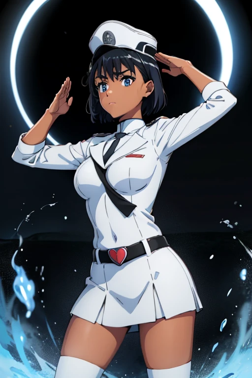 military form, White gloves, white jacket, white skirt, best quality, masterpiece, Highly detailed, illustration, absurdres, white military uniform, white uniform, white hat, standing, girls, standing at attention, multiple girls, Team Squad, expressionless, blank eyes, l, emotionless, corrution, mind control, female combatant, full body, hypnotized, unhappy trance, perfect female body, extremely glossy latex, belt, hypnosis, hypnoLora, empty eyes, Mind control device, thigh high, poses, submissive_pose, rubber bodysuit, nazi saluting, military, military saluting, salute, Bleach, Quincy, thighhighs, tight miniskirt, tie, from behind, SummerTime Rendering, Kofune Mio, dark skin, blue eyes, black hair, short hair