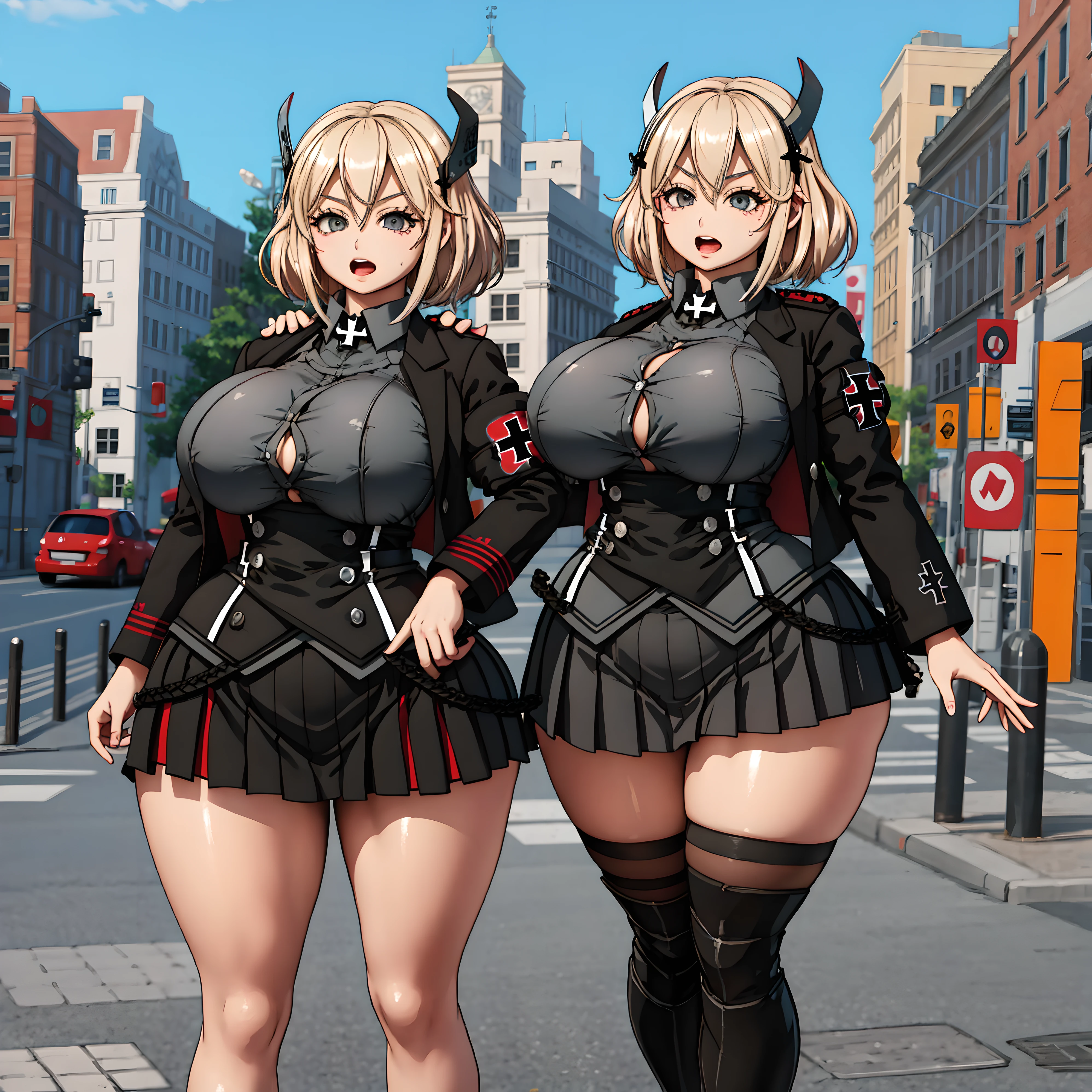 masterpiece, best quality, 1girl, plump body, (huge breasts), (((wide hips))), (((thick thighs))), hmmarnie,, cowboy shot, standing, (smug), (open mouth), skirt, shirt, long sleeves, jacket, sidelocks, thighs, pleated skirt, open clothes, collared shirt, miniskirt, black skirt, open jacket, black jacket, buttons, headgear, cross, grey shirt, iron cross, armband
Completed31%