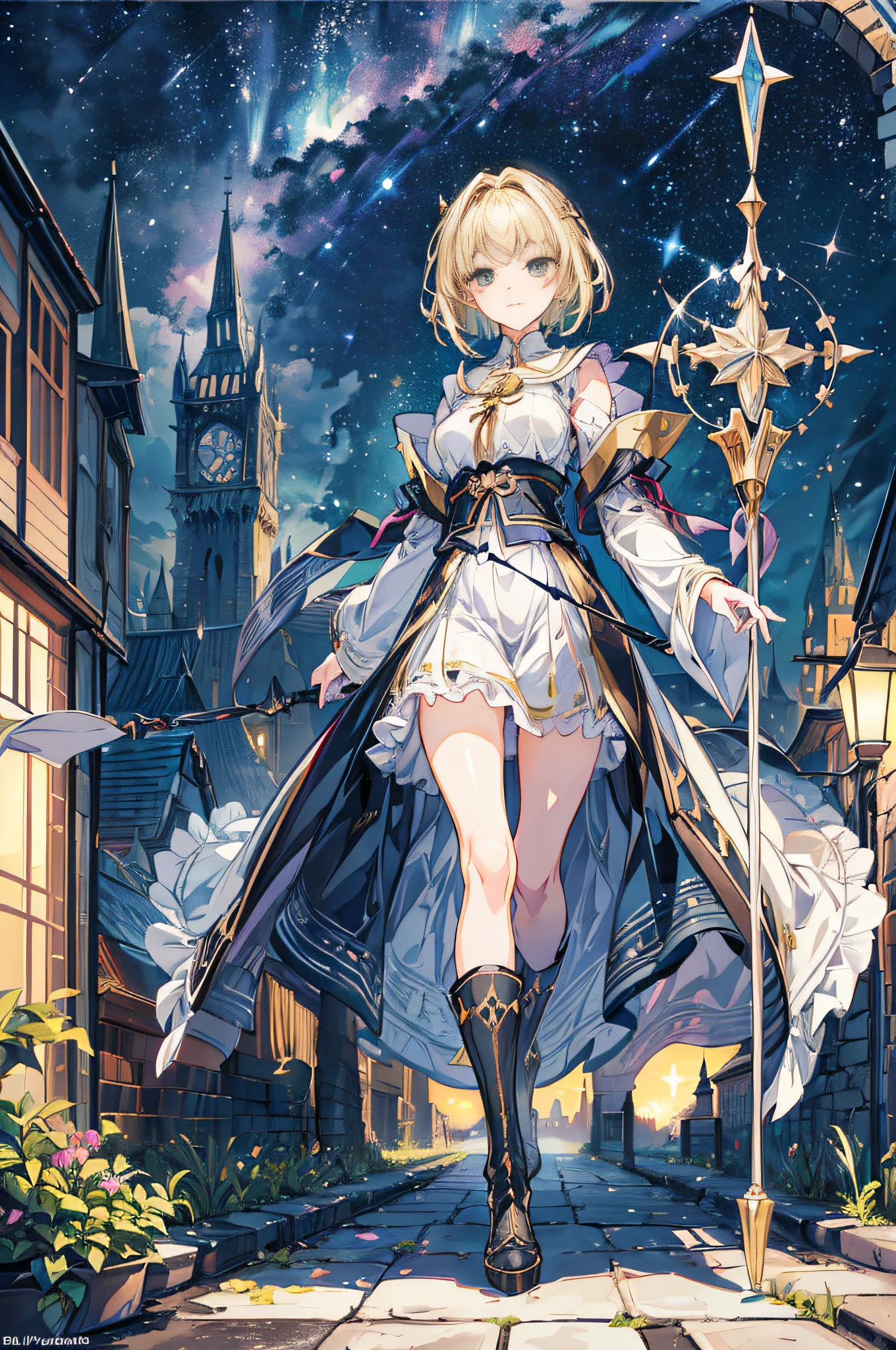 (Official art、Best Quality、Unity 8k Wallpapers、32K、​masterpiece、ultra-detailliert、超A high resolution、realisitic、Photorealsitic:1.2)、(Cinematic lighting:1.2)、Fireglow effect、film grains、Best Shadows、Rim lighting、side lights、sideshot、(Ultra-detailed and complex 3D rendering)、Detailed beautiful face and eyes、Sharp pupils、Realistic pupils、A slender、１Woman、Medium bust、(Full body:1.2)、 Highly detailed background、beauitful face、16-year-old beautiful girl、(super detailed skin、detailed skin textures:1.3)、(Half Blonde、Colorful hair:1.3)、Blunt bangs、green colored eyes、magical girl costume、A slender、White shirt、Costumes with frills、frills skirt、knee sox、(thighs thighs thighs thighs:0.8)、Black boots、(Fantastic and beautiful night sky、Medieval city at night、On the roof of the tower:1.4)、(carrying a magical staff:1.3)、(Looking away、overlooking a city:1.3)、Fantastical、Gentle smile、I opened my mouth a little,(Evil smile),Furious,Short hair,Short hair,