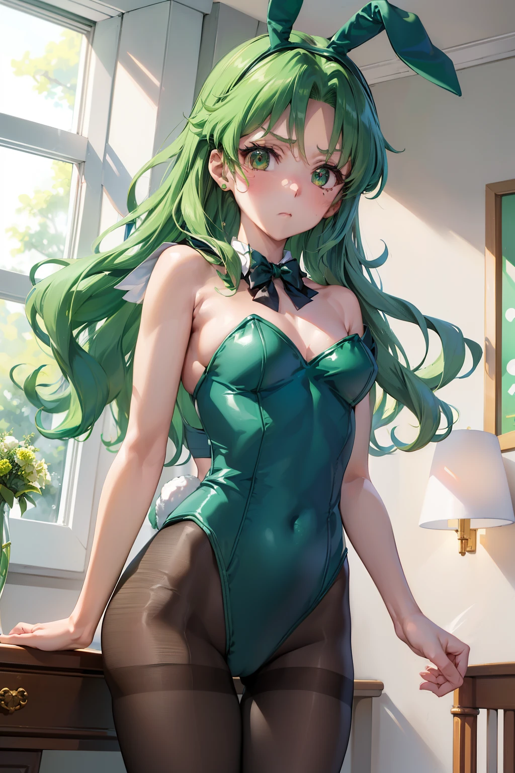 masutepiece, Best Quality, 1girl in, (Sailor Neptune),Green head hair, (Green eye:1.2),((bunnygirl))、((Leotard))、length hair、((embarassed expression))、((Bedroom))、((rabbitears))、((highleg))、((pantyhose))、((Shoulder out))、((bare neck from shoulders))