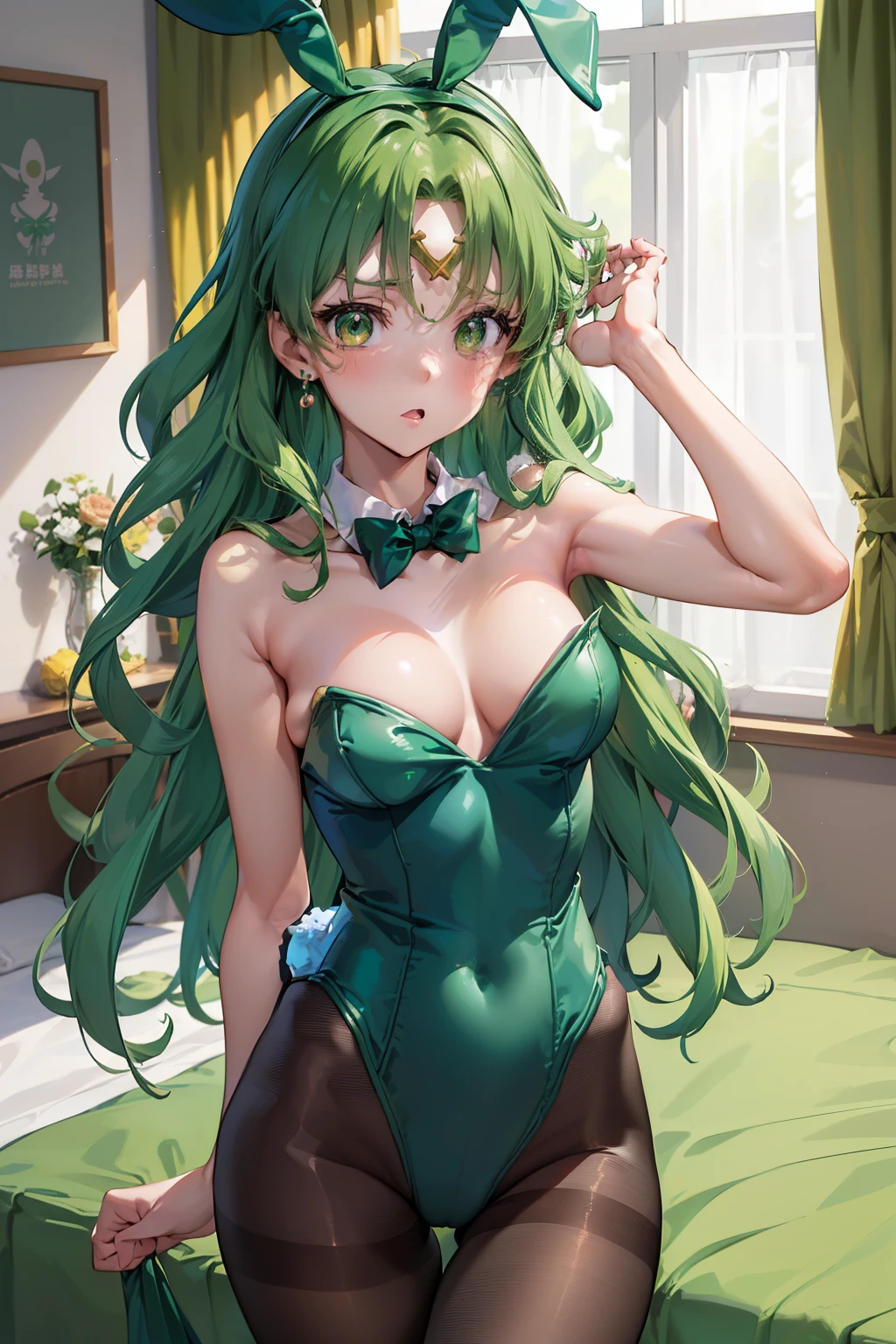 masutepiece, Best Quality, 1girl in, (Sailor Neptune),Green head hair, (Green eye:1.2),((bunnygirl))、((Leotard))、length hair、((embarassed expression))、((Bedroom))、((rabbitears))、((highleg))、((pantyhose))、((Shoulder out))、((bare neck from shoulders))