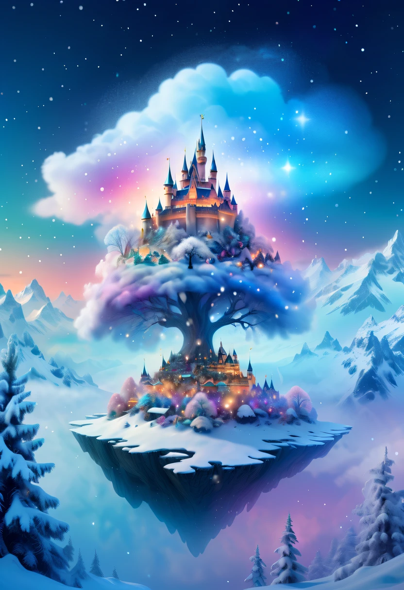 The princess's face appears in the air,(multiple exposure:1.5),winter landscape,Surreal wonderland,Dreamy cloud and fairy island,Big snowflakes,Colorful big snowflakes are flying,A princess'The palace is covered with snow,The tree of life blooms with endless vitality,Twinkling stars in the night sky,Overlapping clouds and fog,Whimsical fantasy landscape art, Beautiful Art Ultra HD 8K, 8K highly detailed digital art, beautiful detailed fantasy, epic dreamlike fantasy landscape, Mysterious and dreamy scenery, Magic fantasy is very detailed, magical scenery, composed...consist of , and Snow Fantasy Floating Fairy Island, detailed fantasy digital art, 8K detailed digital art
