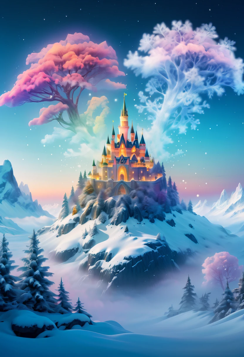 The princess's face appears in the air,(multiple exposure:1.5),winter landscape,Surreal wonderland,Dreamy cloud and fairy island,Big snowflakes,Colorful big snowflakes are flying,A princess'The palace is covered with snow,The tree of life blooms with endless vitality,Twinkling stars in the night sky,Overlapping clouds and fog,Whimsical fantasy landscape art, Beautiful Art Ultra HD 8K, 8K highly detailed digital art, beautiful detailed fantasy, epic dreamlike fantasy landscape, Mysterious and dreamy scenery, Magic fantasy is very detailed, magical scenery, composed...consist of , and Snow Fantasy Floating Fairy Island, detailed fantasy digital art, 8K detailed digital art