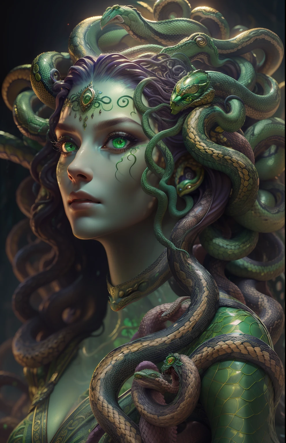 ((best quality)), ((masterpiece)), ((realistic)), Medusa, full body, the hair is composed of countless small snakes, green eyes, female face, metal carved top, royal aura, trend on artstation , sharp focus, studio photo, intricate detail, very detailed, detailed eye, illustration, very detailed, sharp focus, digital render, professional, 4k