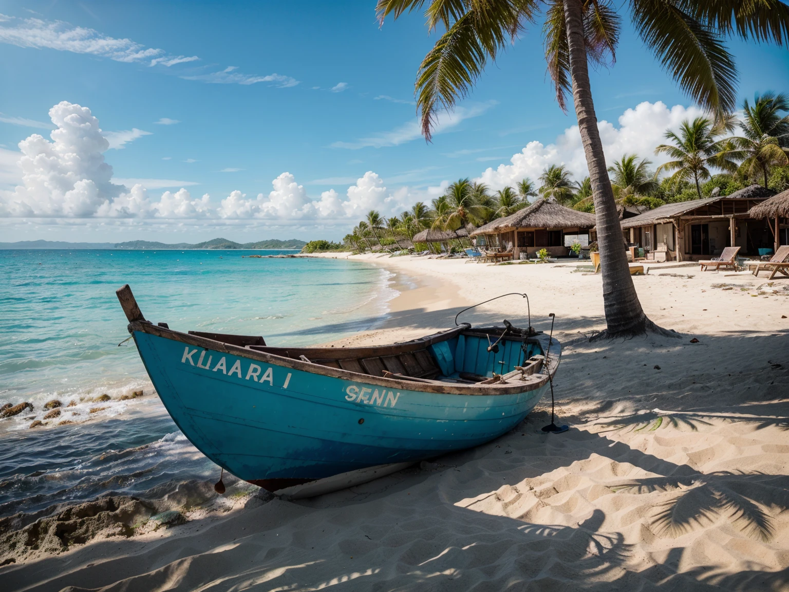 "(best quality,4k,8k,highres,masterpiece:1.2),ultra-detailed,(realistic,photorealistic,photo-realistic:1.37), beach, deserted, sapphire ocean, jungle, tropical climate, palm trees, old fishing boat, beautiful sunny weather, tranquil, calm, isolated, vibrant colors, clear blue skies, shimmering waves, golden sand, gentle breeze, tropical paradise"