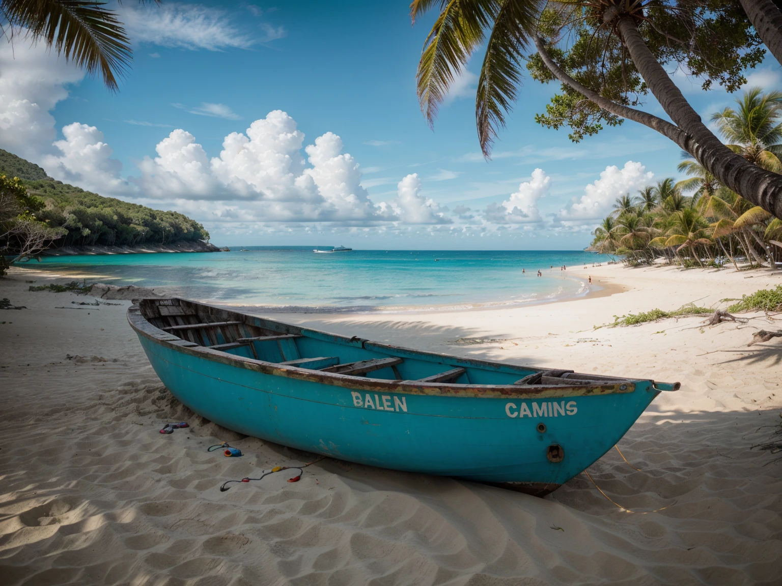 "(best quality,4k,8k,highres,masterpiece:1.2),ultra-detailed,(realistic,photorealistic,photo-realistic:1.37), beach, deserted, sapphire ocean, jungle, tropical climate, palm trees, old fishing boat, beautiful sunny weather, tranquil, calm, isolated, vibrant colors, clear blue skies, shimmering waves, golden sand, gentle breeze, tropical paradise"
