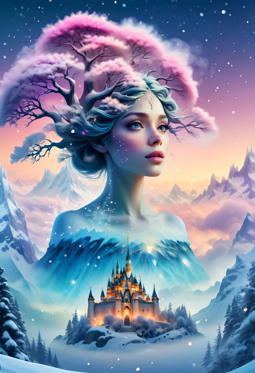 The princess&#39;s face appears in the air，(multiple exposure:1.5),winter landscape，Surreal wonderland，Dreamy cloud and fairy island，Big snowflakes，Colorful big snowflakes are flying，A princess&#39;The palace is covered with snow，The tree of life blooms with endless vitality，Twinkling stars in the night sky，Overlapping clouds and fog，Whimsical fantasy landscape art, Beautiful Art Ultra HD 8K, 8K highly detailed digital art, beautiful detailed fantasy, epic dreamlike fantasy landscape, Mysterious and dreamy scenery, Magic fantasy is very detailed, magical scenery, composed...consist of ,  and Snow Fantasy Floating Fairy Island, detailed fantasy digital art, 8K detailed digital art
