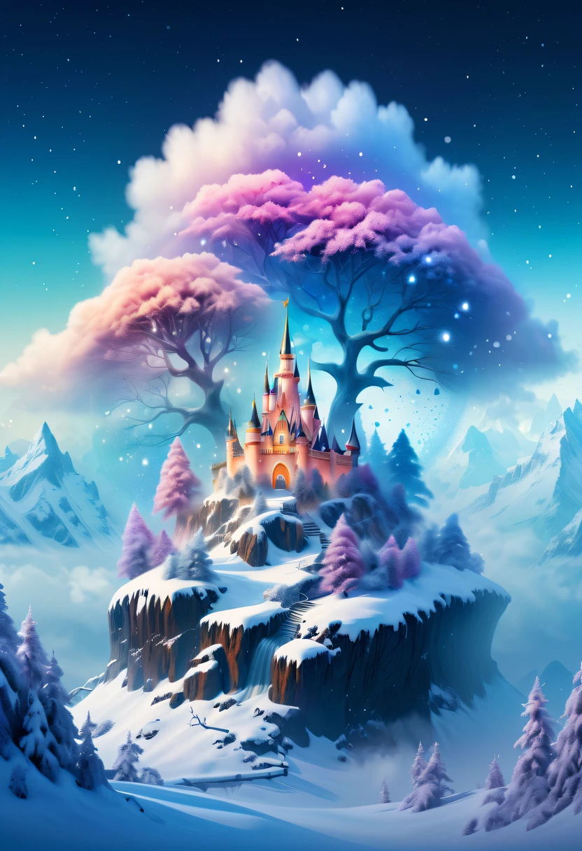 The princess's face appears in the air,(multiple exposure:1.5),winter landscape,Surreal wonderland,Dreamy cloud and fairy island,Big snowflakes,Colorful big snowflakes are flying,A princess'The palace is covered with snow,The tree of life blooms with endless vitality,Twinkling stars in the night sky,Overlapping clouds and fog,Whimsical fantasy landscape art, Beautiful Art Ultra HD 8K, 8K highly detailed digital art, beautiful detailed fantasy, epic dreamlike fantasy landscape, Mysterious and dreamy scenery, Magic fantasy is very detailed, magical scenery, composed...consist of , and Snow Fantasy Floating Fairy Island, detailed fantasy digital art, 8K detailed digital art