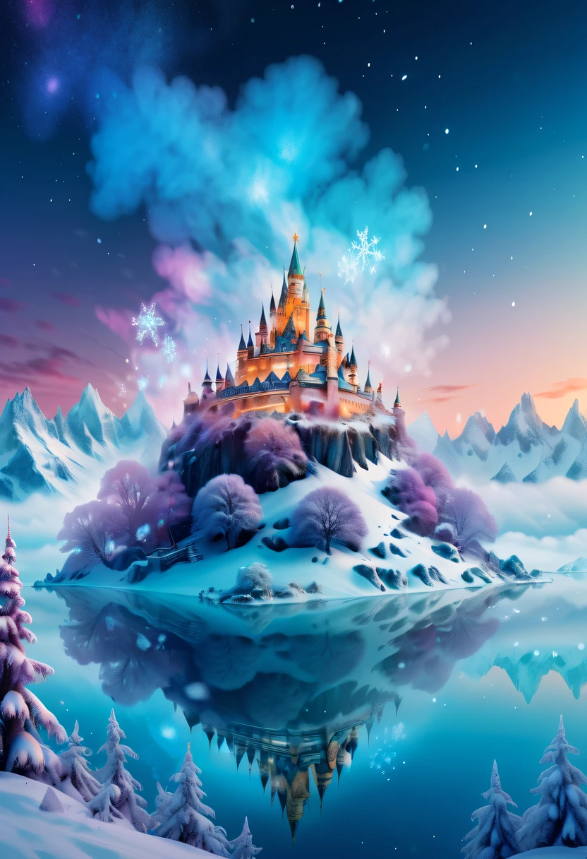 The princess&#39;s face appears in the air，(multiple exposure:1.5),winter landscape，Surreal wonderland，Dreamy cloud and fairy island，Big snowflakes，Colorful big snowflakes are flying，A princess&#39;The palace is covered with snow，The tree of life blooms with endless vitality，Twinkling stars in the night sky，Overlapping clouds and fog，Whimsical fantasy landscape art, Beautiful Art Ultra HD 8K, 8K highly detailed digital art, beautiful detailed fantasy, epic dreamlike fantasy landscape, Mysterious and dreamy scenery, Magic fantasy is very detailed, magical scenery, composed...consist of ,  and Snow Fantasy Floating Fairy Island, detailed fantasy digital art, 8K detailed digital art