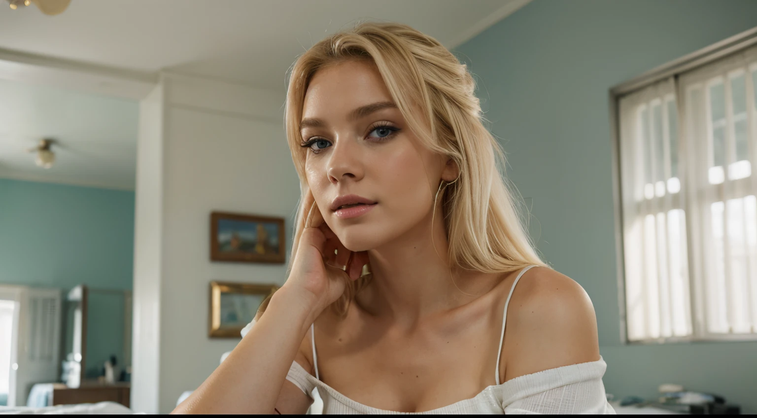 blonde de 25 ans, very classy, en tenue pour aller au bureau, yeux verts bleus, flirte avec la camera, blonde hair, white hair, bed hair, makeup, fake sad, white top, shorts, 135mm, Canon, f/16, UHD, anatomically correct, masterpiece, textured skin, super detail, high details, high quality, highres, 8k