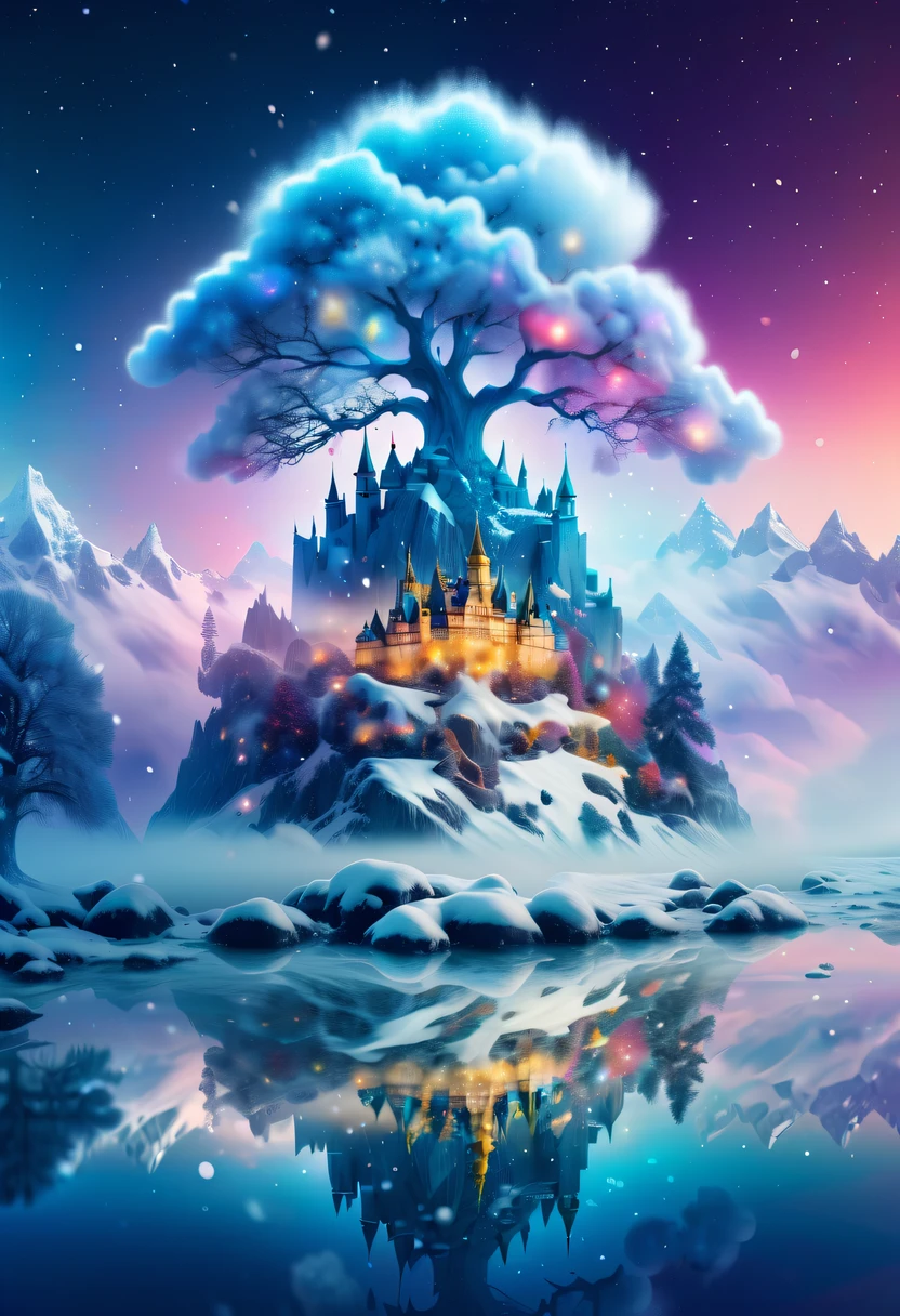 The princess's face appears in the air,(multiple exposure:1.5),winter landscape,Surreal wonderland,Dreamy cloud and fairy island,Big snowflakes,Colorful big snowflakes are flying,A princess'The palace is covered with snow,The tree of life blooms with endless vitality,Twinkling stars in the night sky,Overlapping clouds and fog,Whimsical fantasy landscape art, Beautiful Art Ultra HD 8K, 8K highly detailed digital art, beautiful detailed fantasy, epic dreamlike fantasy landscape, Mysterious and dreamy scenery, Magic fantasy is very detailed, magical scenery, composed...consist of , and Snow Fantasy Floating Fairy Island, detailed fantasy digital art, 8K detailed digital art