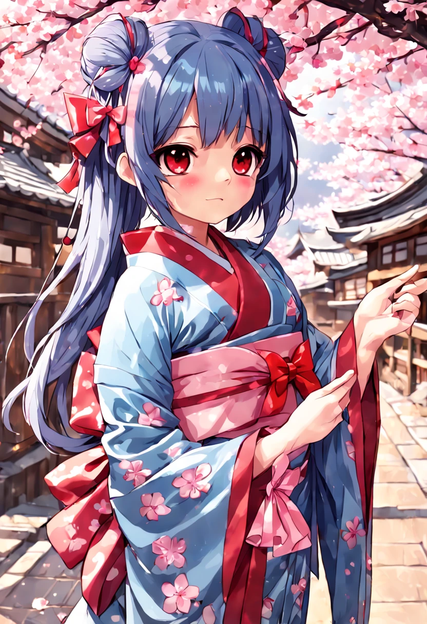 1girl, blue hair, bow, brown eyes, cherry blossoms, fingerless gloves, gloves, hair bow, japanese clothes, kimono, long hair, object namesake, pink kimono, ponytail, red bow, solo