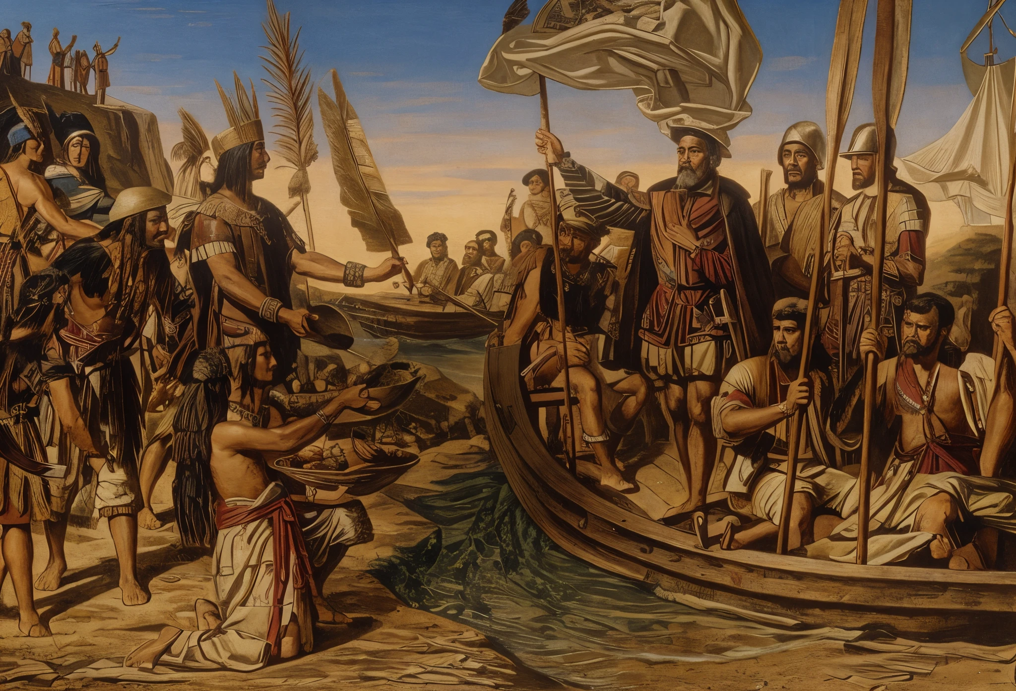 Spanish conquistadors received by indigenous people on the beach