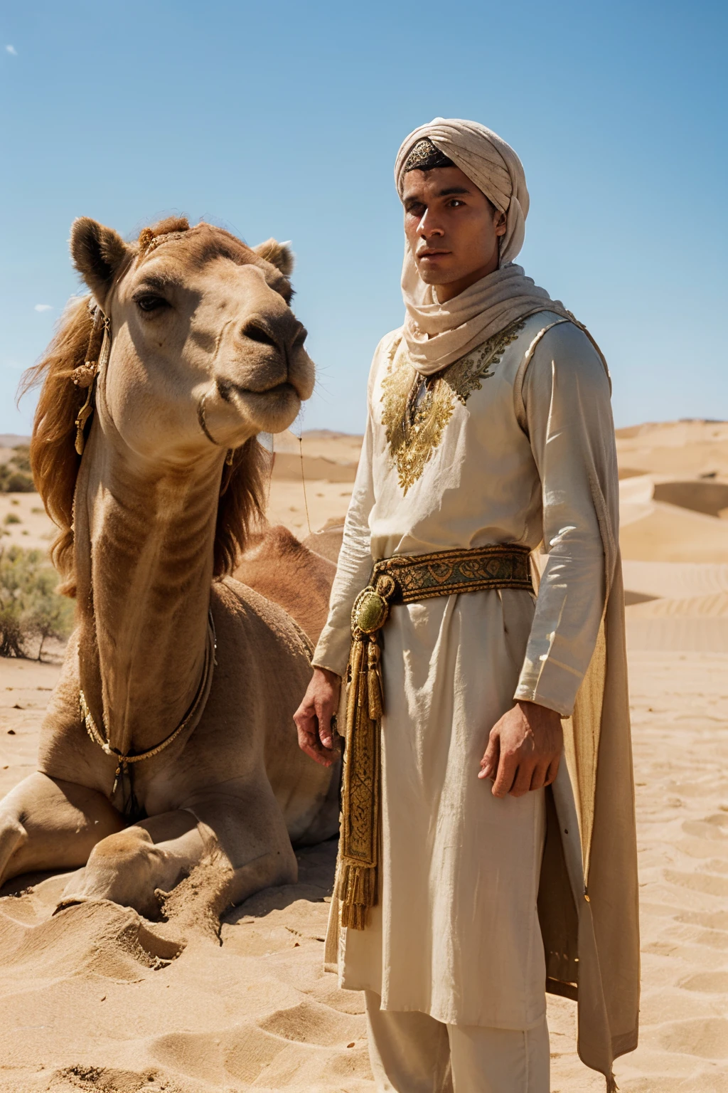 A white man in Arabic-inspired clothing, parado no deserto ao lado de um camelo, com suas roupas em tons de vermelho escuro, verde e branco. The man is wearing a detailed embroidered tunic and a light white turban on his head. Their clothes are made of fine silk and adorned with intricate patterns and golden details reminiscent of a brave and courageous knight.. Ao lado dele, a majestic camel with long eyelashes stands tall, his sand-colored fur shining in the sunlight. O deserto se estende ao fundo, with rolling sand dunes and a clear blue sky. The colors of the scene are rich and vibrant, com tons quentes que evocam o calor do deserto. The lighting is soft, casting a soft glow upon man and camel.