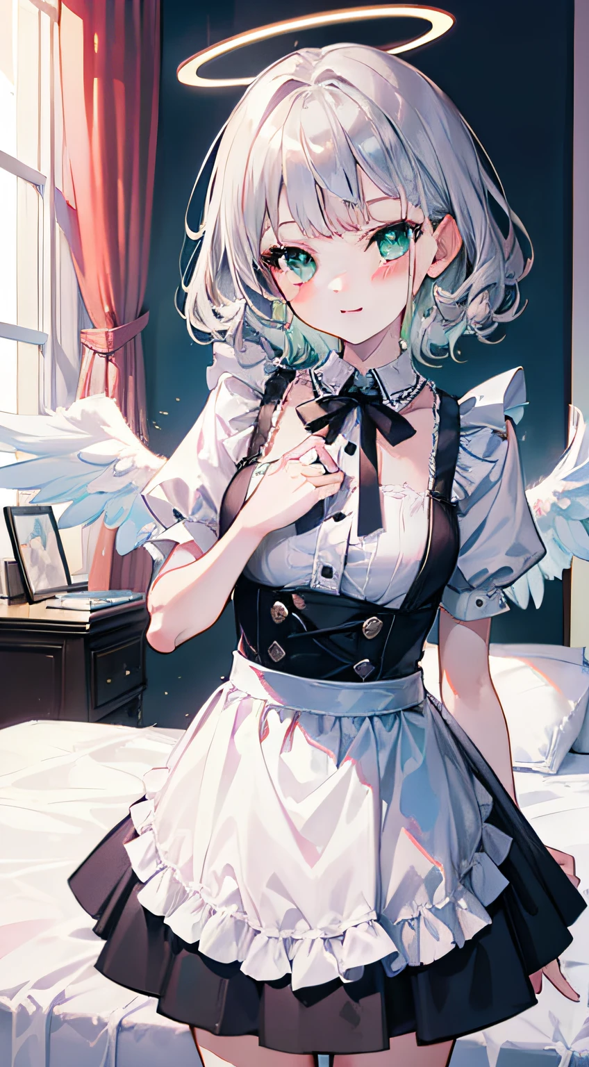 tmasterpiece, Best quality, Yuuri Saki Mika,Stood up,Bedroom get up,1 five year old girl, silver bob short hair, Side hair is long and curly,Green-eyed, Maid skirt,Three pairs of angel wings,angelic halo,ssmile,