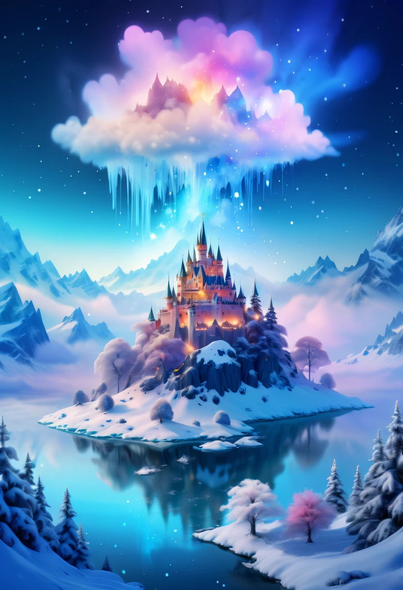 The princess's face appears in the air,(multiple exposure:1.5),winter landscape,Surreal wonderland,Dreamy cloud and fairy island,Colorful snowflakes are flying,A princess'The palace is covered with snow,The tree of life blooms with endless vitality,Twinkling stars in the night sky,Overlapping clouds and fog,Whimsical fantasy landscape art, Beautiful Art Ultra HD 8K, 8K highly detailed digital art, beautiful detailed fantasy, epic dreamlike fantasy landscape, Mysterious and dreamy scenery, Magic fantasy is very detailed, magical scenery, composed...consist of , and Snow Fantasy Floating Fairy Island, detailed fantasy digital art, 8K detailed digital art
