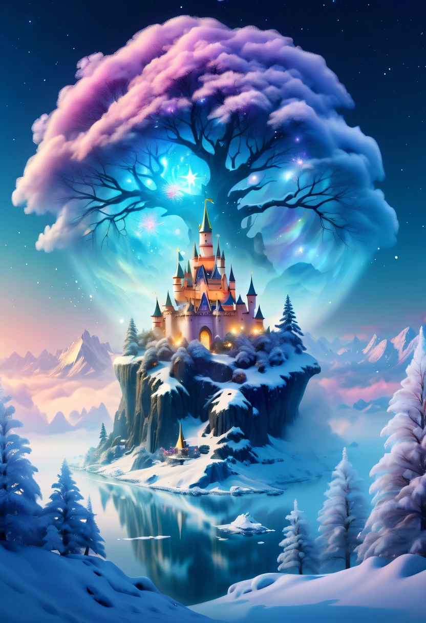 The princess's face appears in the air,(multiple exposure:1.5),winter landscape,Surreal wonderland,Dreamy cloud and fairy island,Colorful snowflakes are flying,A princess'The palace is covered with snow,The tree of life blooms with endless vitality,Twinkling stars in the night sky,Overlapping clouds and fog,Whimsical fantasy landscape art, Beautiful Art Ultra HD 8K, 8K highly detailed digital art, beautiful detailed fantasy, epic dreamlike fantasy landscape, Mysterious and dreamy scenery, Magic fantasy is very detailed, magical scenery, composed...consist of , and Snow Fantasy Floating Fairy Island, detailed fantasy digital art, 8K detailed digital art