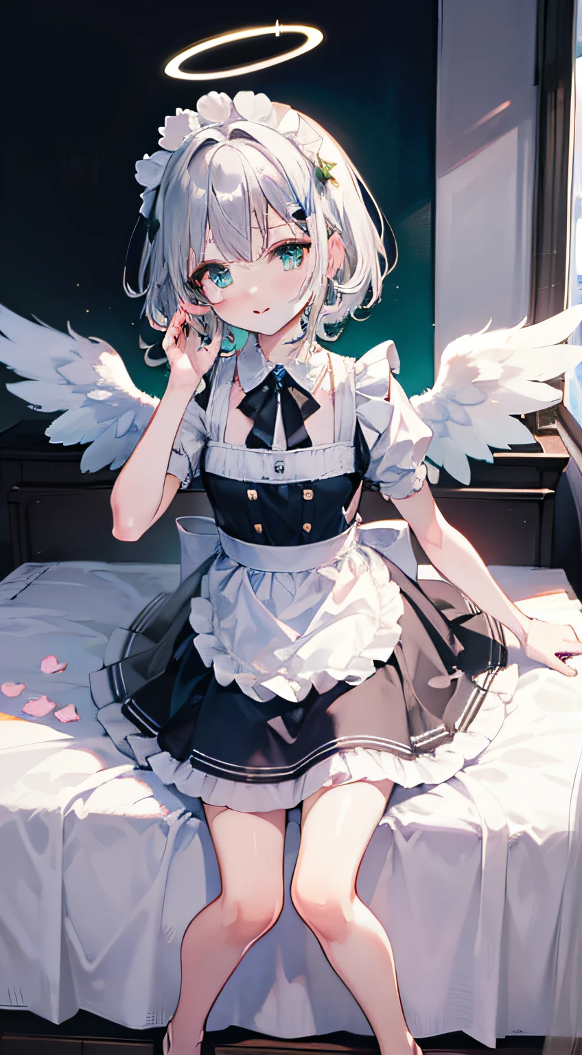 tmasterpiece, Best quality, Yuuri Saki Mika,Stood up,Bedroom get up,1 five year old girl, silver bob short hair, Side hair is long and curly,Green-eyed, Maid skirt,Three pairs of angel wings,angelic halo,ssmile,