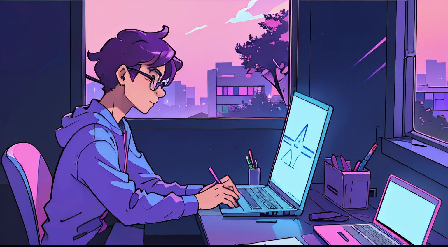 a boy wearing glases, studying at his laptop, profile view, a beautiful perfect face, near the window, at night , blue and purple and bright pinks, synthwave colors, retro, old cartoons anime colors.