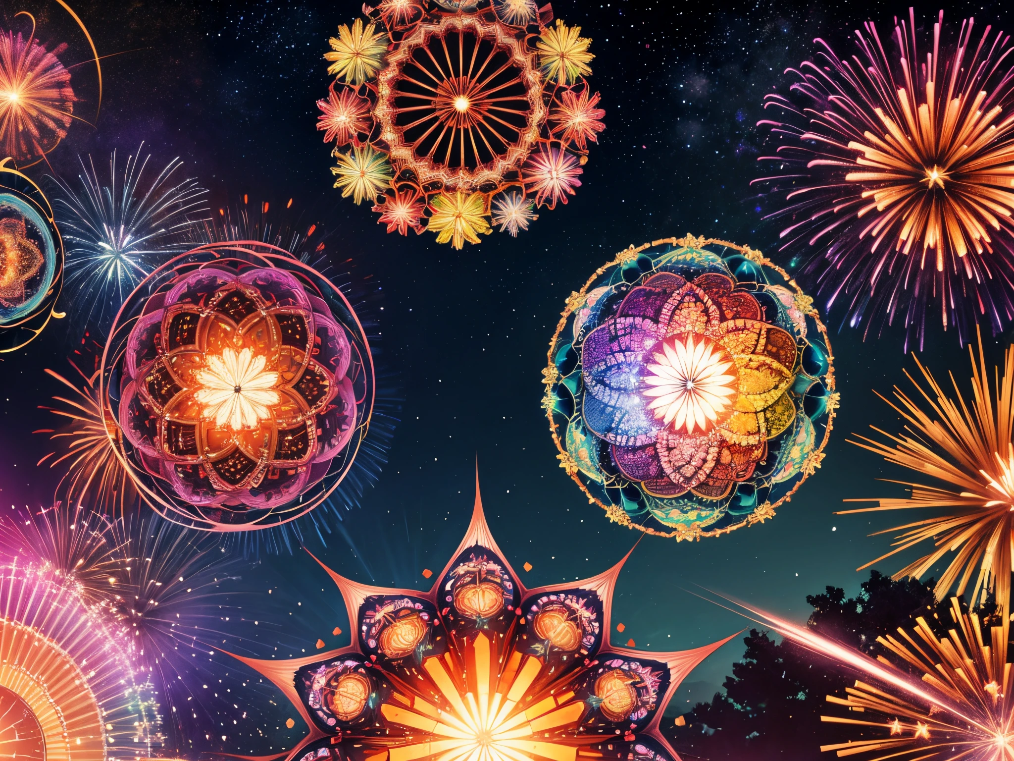 Construct a giant kaleidoscope where 3D fireworks explode into intricate fractal patterns, reflecting the essence of each passing month as they transition into the new year.