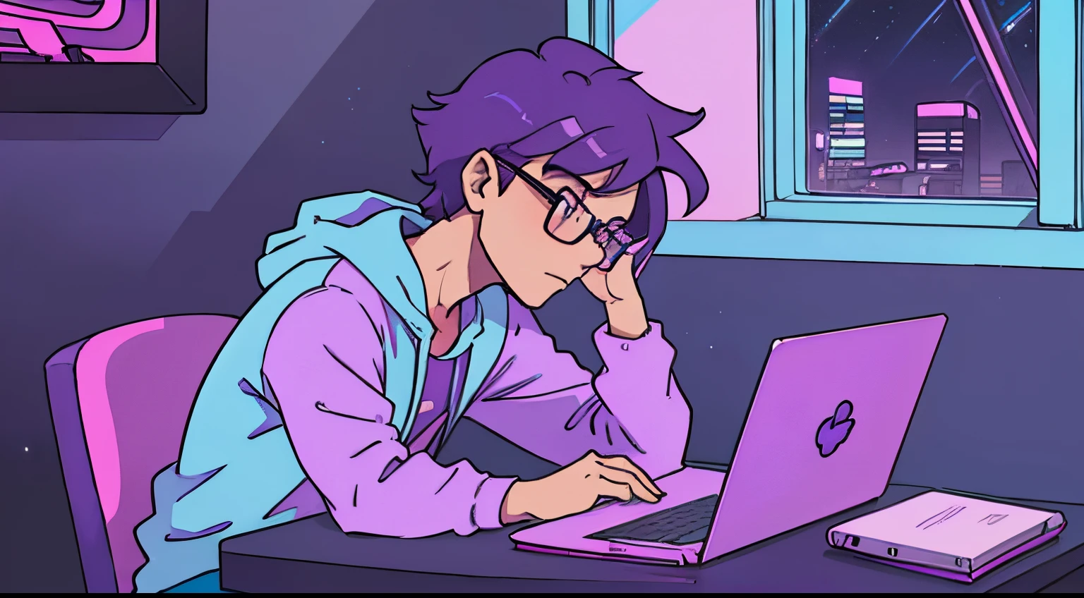 a boy wearing glases, studying at his laptop, profile view, near the window, at night , blue and purple and bright pinks, synthwave colors, retro, old cartoons anime colors.