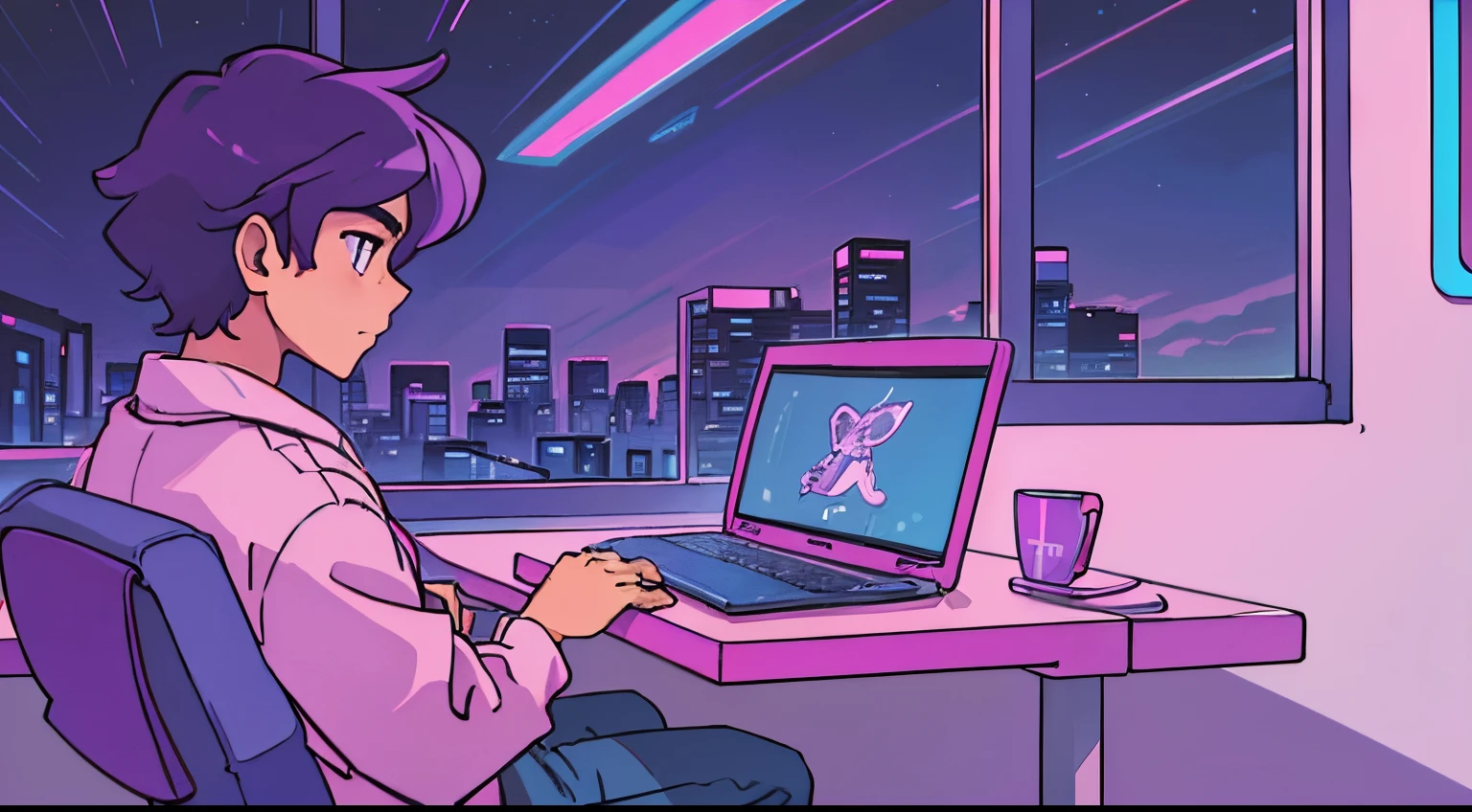 a boy studying at his laptop, profile view, near the window, at night , blue and purple and bright pinks, synthwave colors, retro, old cartoons anime colors.