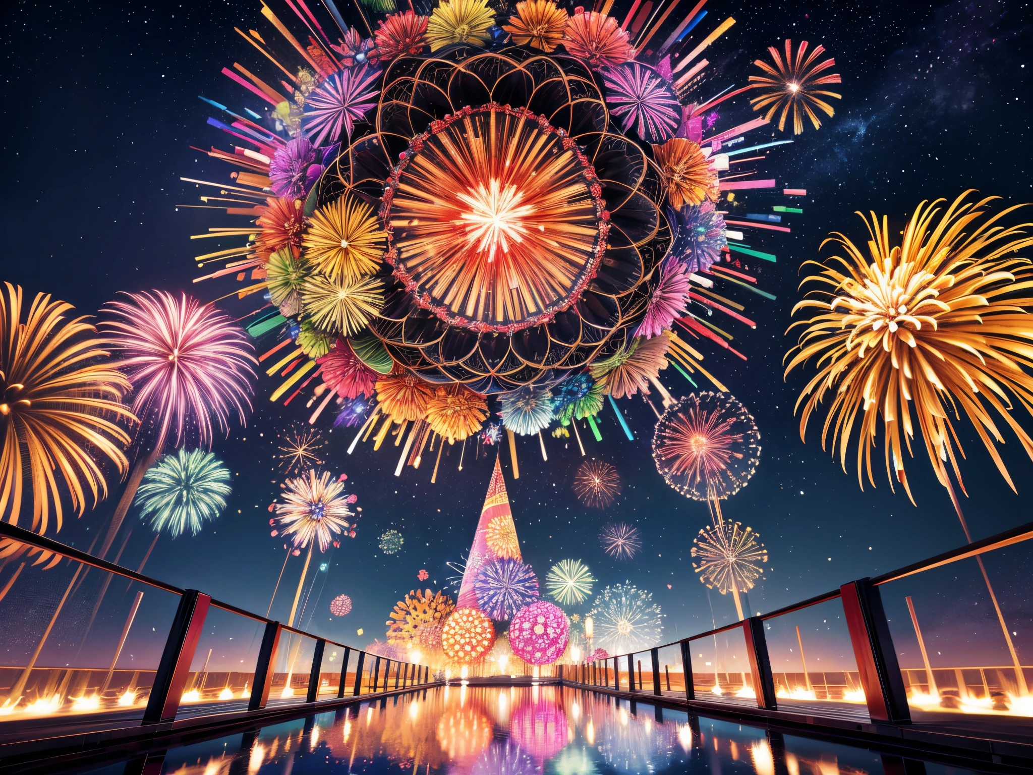 Construct a giant kaleidoscope where 3D fireworks explode into intricate fractal patterns, reflecting the essence of each passing month as they transition into the new year.