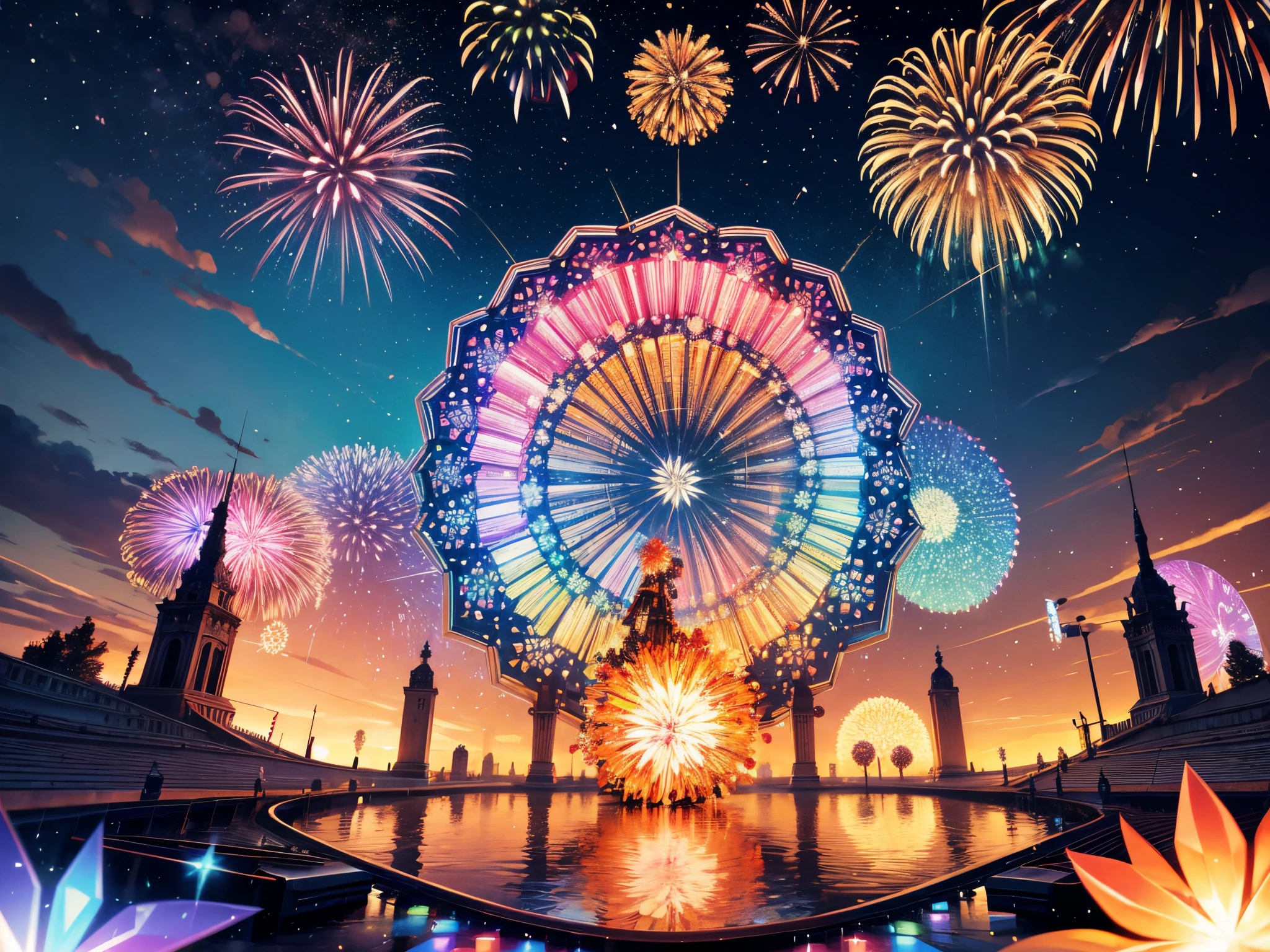 Construct a giant kaleidoscope where 3D fireworks explode into intricate fractal patterns, reflecting the essence of each passing month as they transition into the new year.