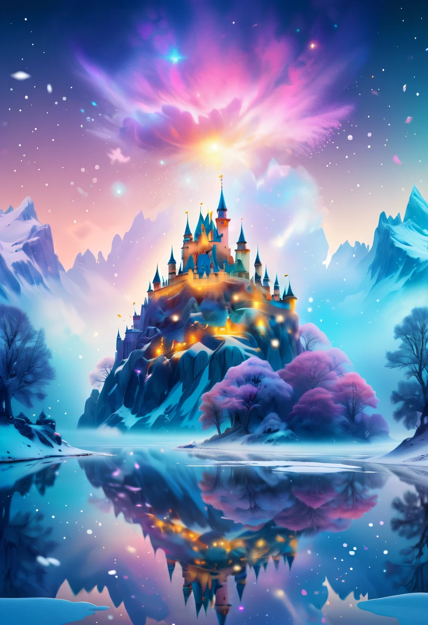 The princess&#39;s face appears in the air，(multiple exposure:1.5),winter landscape，Surreal wonderland，Dreamy cloud and fairy island，Colorful snowflakes are flying，A princess&#39;The palace is covered with snow，The tree of life blooms with endless vitality，Twinkling stars in the night sky，Overlapping clouds and fog，Whimsical fantasy landscape art, Beautiful Art Ultra HD 8K, 8K highly detailed digital art, beautiful detailed fantasy, epic dreamlike fantasy landscape, Mysterious and dreamy scenery, Magic fantasy is very detailed, magical scenery, composed...consist of ,  and Snow Fantasy Floating Fairy Island, detailed fantasy digital art, 8K detailed digital art