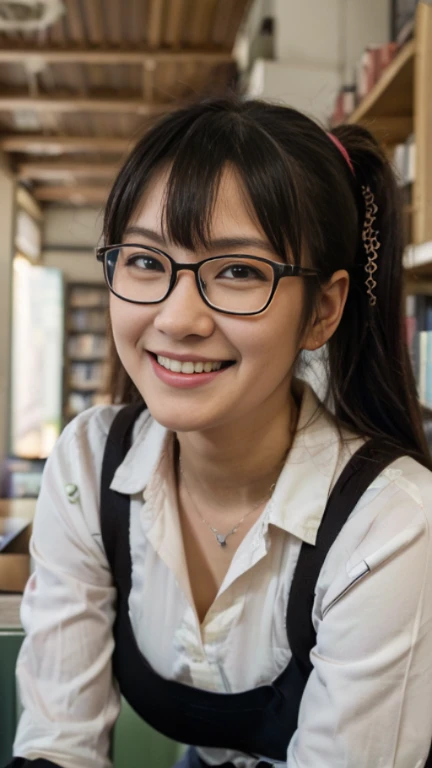 (masutepiece,Best Quality,ultra-detailliert,4K Portrait:1.5),young japanese girl, Glasses, Dark ponytail, Bookstore clerk, Poor:1.3, smile shy, Inside the bookstore