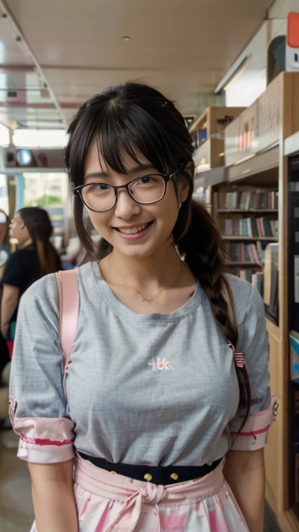 (masutepiece,Best Quality,ultra-detailliert,4K Portrait:1.5),young japanese girl, Glasses, Dark ponytail, Bookstore clerk, Poor:1.3, smile shy, Inside the bookstore