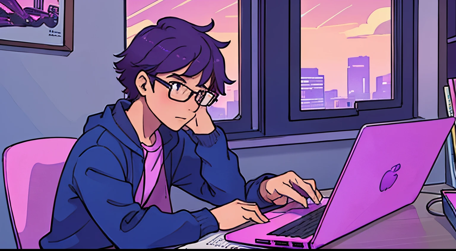 a boy wearing glases, studying at his laptop, profile view, near the window, at night , blue and purple and bright pinks, synthwave colors, retro, old cartoons anime colors.