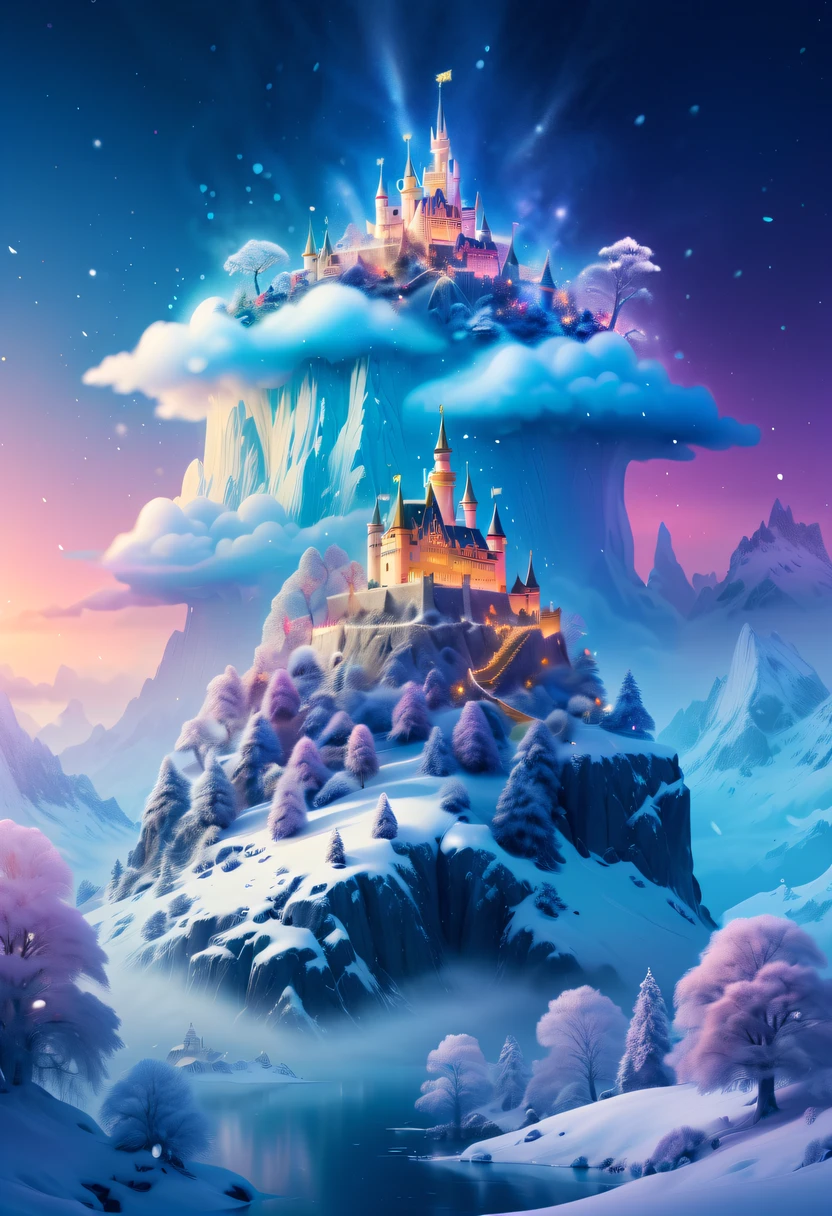 The princess's face appears in the air,(multiple exposure:1.5),winter landscape,Surreal wonderland,Dreamy cloud and fairy island,Colorful snowflakes are flying,A princess'The palace is covered with snow,The tree of life blooms with endless vitality,Twinkling stars in the night sky,Overlapping clouds and fog,Whimsical fantasy landscape art, Beautiful Art Ultra HD 8K, 8K highly detailed digital art, beautiful detailed fantasy, epic dreamlike fantasy landscape, Mysterious and dreamy scenery, Magic fantasy is very detailed, magical scenery, composed...consist of , and Snow Fantasy Floating Fairy Island, detailed fantasy digital art, 8K detailed digital art