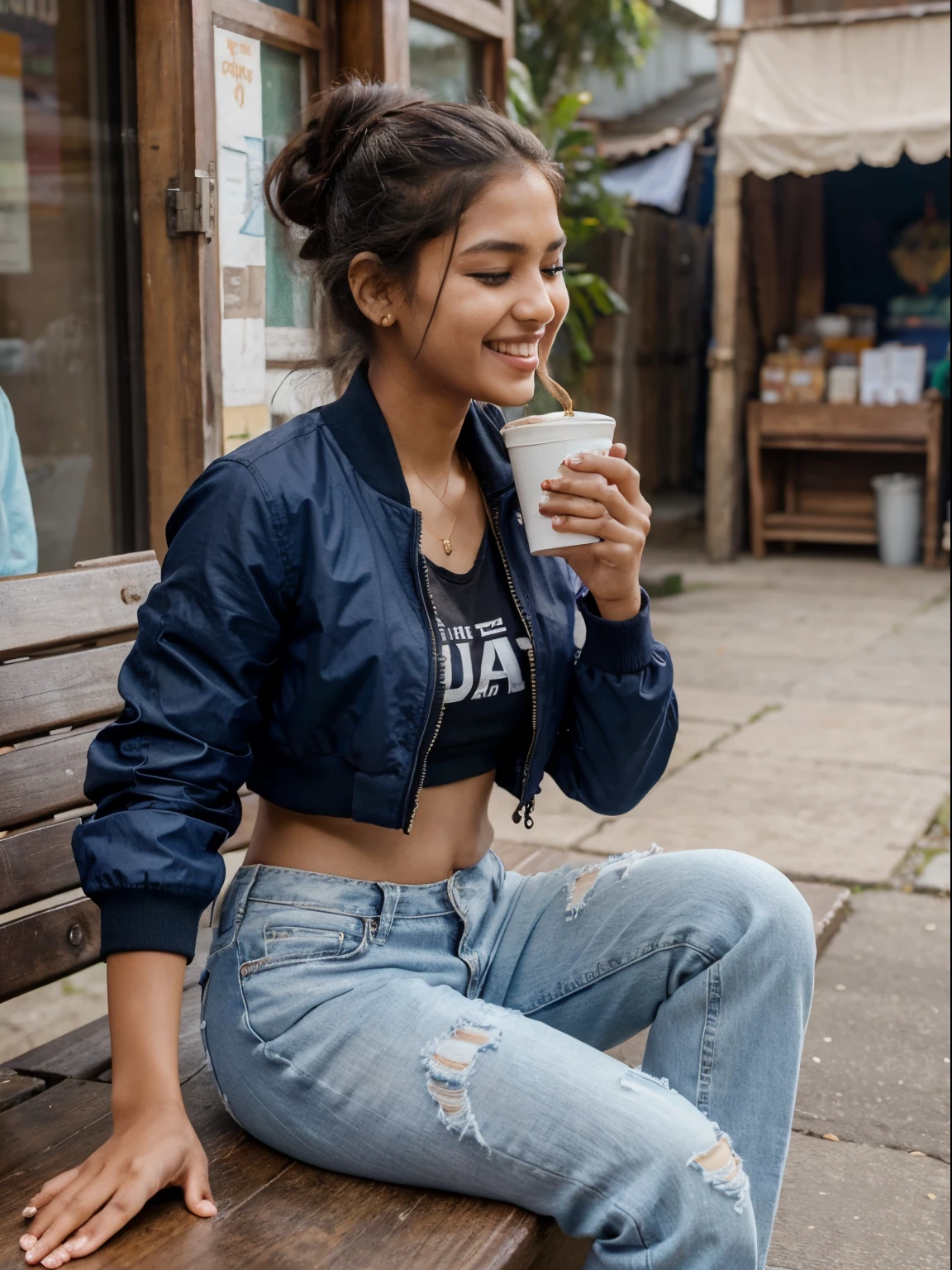 1 cute very happy young indian girl sitting on a wooden bench drinking hot chai from a paper cup, laughing with her eyes closed, candid photo, height 160 centimetres, petite build, fair skin, average hair length of 60 centimetres, photorealistic, detailed eyes, highly detailed, 8k, navy bomber jacket over white crop top, darkblue jeans, messy bun hair, photo taken from the side, indian market background