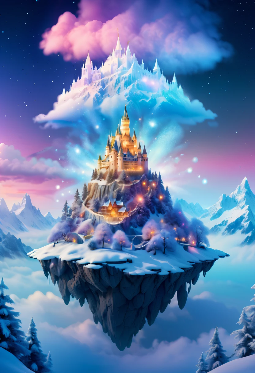 The princess&#39;s face appears in the air，(multiple exposure:1.5),winter landscape，Surreal wonderland，Dreamy cloud and fairy island，Colorful snowflakes are flying，A princess&#39;The palace is covered with snow，The tree of life blooms with endless vitality，Twinkling stars in the night sky，Overlapping clouds and fog，Whimsical fantasy landscape art, Beautiful Art Ultra HD 8K, 8K highly detailed digital art, beautiful detailed fantasy, epic dreamlike fantasy landscape, Mysterious and dreamy scenery, Magic fantasy is very detailed, magical scenery, composed...consist of ,  and Snow Fantasy Floating Fairy Island, detailed fantasy digital art, 8K detailed digital art