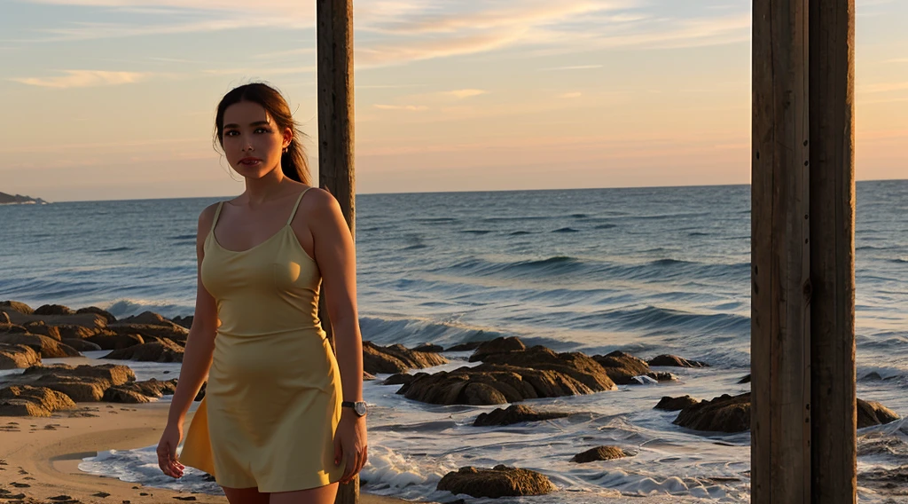 Krysten Ritter at a sunset dressed in sexy and elegant clothes and smiling