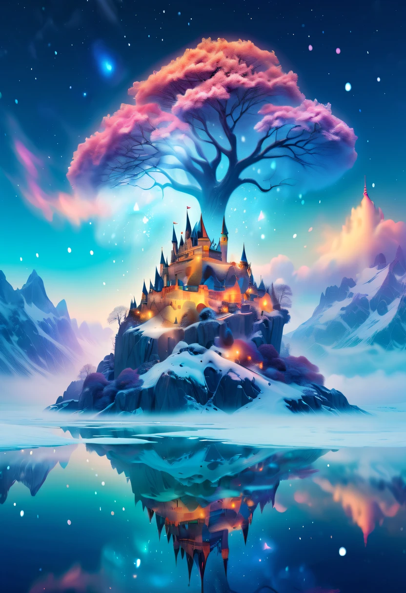 The princess's face appears in the air,(multiple exposure:1.5),winter landscape,Surreal wonderland,Dreamy cloud and fairy island,Colorful snowflakes are flying,A princess'The palace is covered with snow,The tree of life blooms with endless vitality,Twinkling stars in the night sky,Overlapping clouds and fog,Whimsical fantasy landscape art, Beautiful Art Ultra HD 8K, 8K highly detailed digital art, beautiful detailed fantasy, epic dreamlike fantasy landscape, Mysterious and dreamy scenery, Magic fantasy is very detailed, magical scenery, composed...consist of , and Snow Fantasy Floating Fairy Island, detailed fantasy digital art, 8K detailed digital art