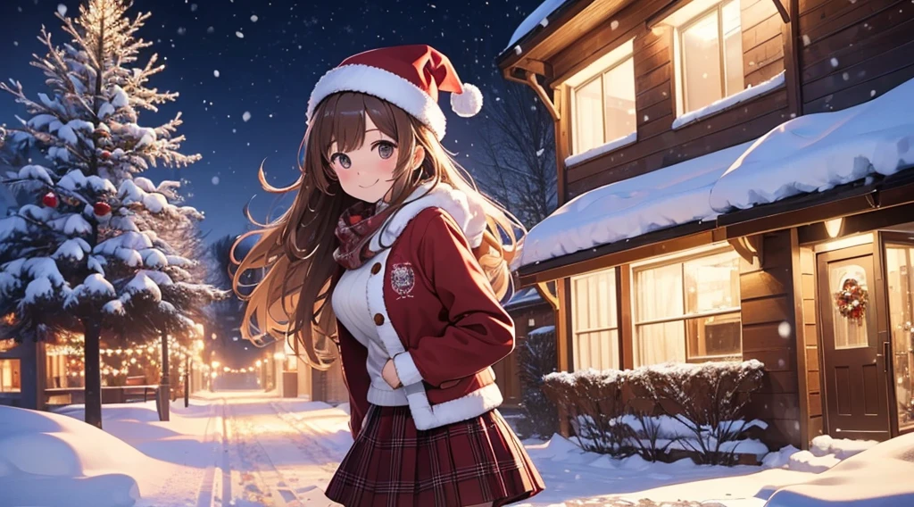(masterpiece), (best quality), girl standing outside in the snow, wavy brown hair, red sweater, plaid skirt, santa claus hat, smiling, sexy, perfect body, christmas lights, night, (snowing: 1.25)