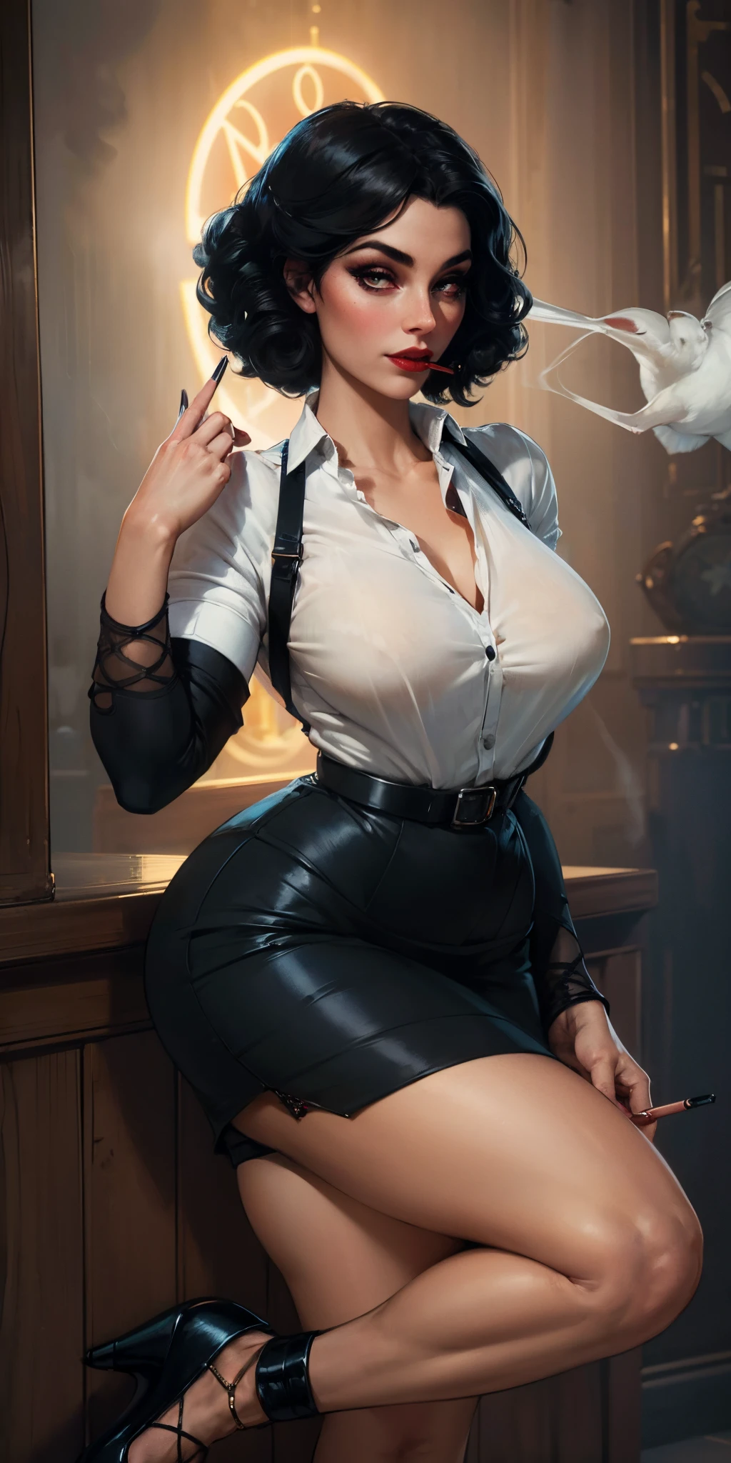 ( there is a woman holding a cigarette in her hand ),( Elizabeth from Burial at Sea ) (realistic:1.5), (fully dressed), ((female in 1950 hair short hair style a white long-sleeved blouse, her bird cameo, a black knee-length tight fitted skirt with a red belt, fishnet stockings and black heels with an ankle strap. Her hairstyle is brushed out pin curls and she wears make-up. )), (long black skirt:1.2) (white shirt:1.2) (masterpiece), (specular lighting:1.3), (hyperrealistic:1.2), (photorealistic face:1.2), (perfect face), (perfect eyeest quality), (there is a woman holding a cigarette in her hand, elizabeth from bioshock Burial at Sea, dramatic smoking pose, epic and classy portrait, beautiful , with smoke, cigarette, bioshock steampunk portrait ), (4k), sharp focus, octane render, best quality, extremely detailed, intricate, fantasy, soft lighting, (curvy:1.3), ( big eyes :1.3), (futanari:1.2), thick eyelashes, long eyelashes, ( slim ), smile, ((1950:1.5)), ( red lips, long eyelashes, mascara, eyeliner, eyeshadow, makeupt:1.3), cosy, looking at viewer, detailed skin , zfyta futanari, (erection:1.2)