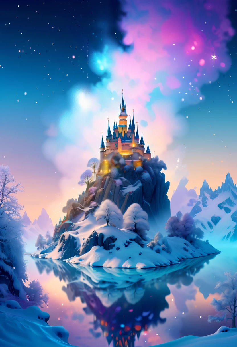 The princess's face appears in the air,(multiple exposure:1.5),winter landscape,Surreal wonderland,Dreamy cloud and fairy island,Colorful snowflakes are flying,A princess'The palace is covered with snow,The tree of life blooms with endless vitality,Twinkling stars in the night sky,Overlapping clouds and fog,Whimsical fantasy landscape art, Beautiful Art Ultra HD 8K, 8K highly detailed digital art, beautiful detailed fantasy, epic dreamlike fantasy landscape, Mysterious and dreamy scenery, Magic fantasy is very detailed, magical scenery, composed...consist of , and Snow Fantasy Floating Fairy Island, detailed fantasy digital art, 8K detailed digital art