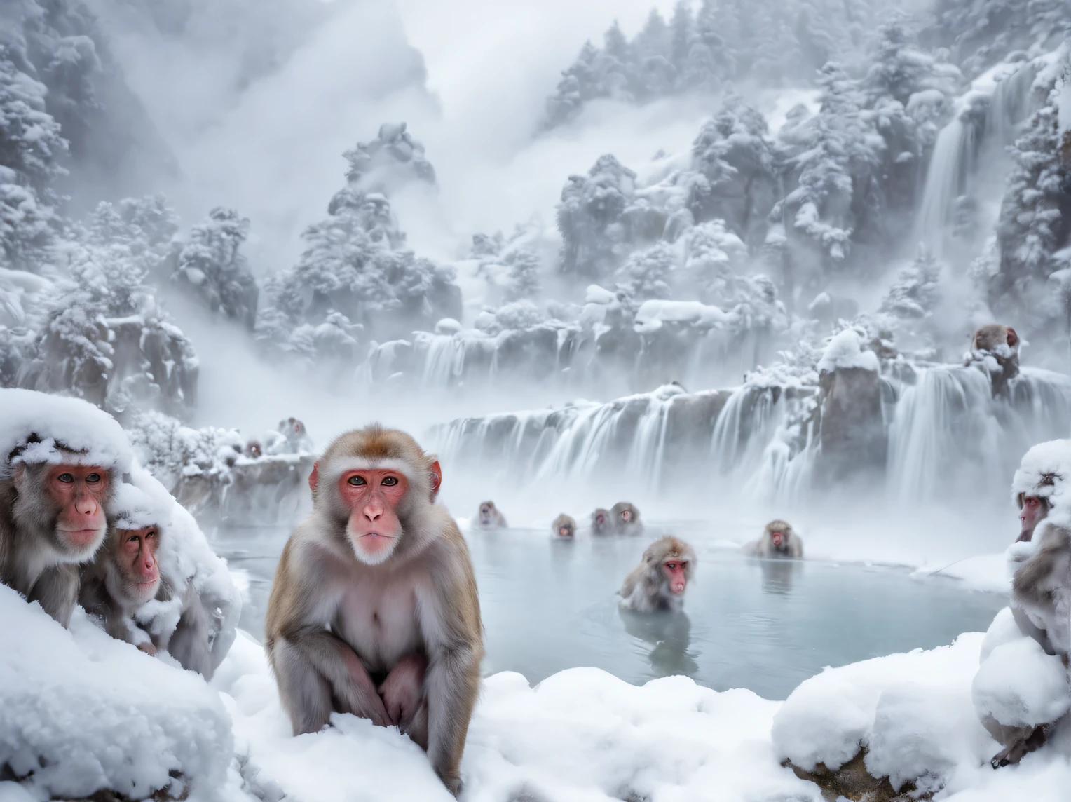 Winter wonderland, (Japanese macaque soaking up to his shoulders in hot springs:1.2), Jigokudani hot spring, (steam: 1.5), Snowy landscape, Fantasy, Fantastic, Mysterious, Fractal Art, (best composition), (masutepiece), (Best Quality), (ultra high detailed)