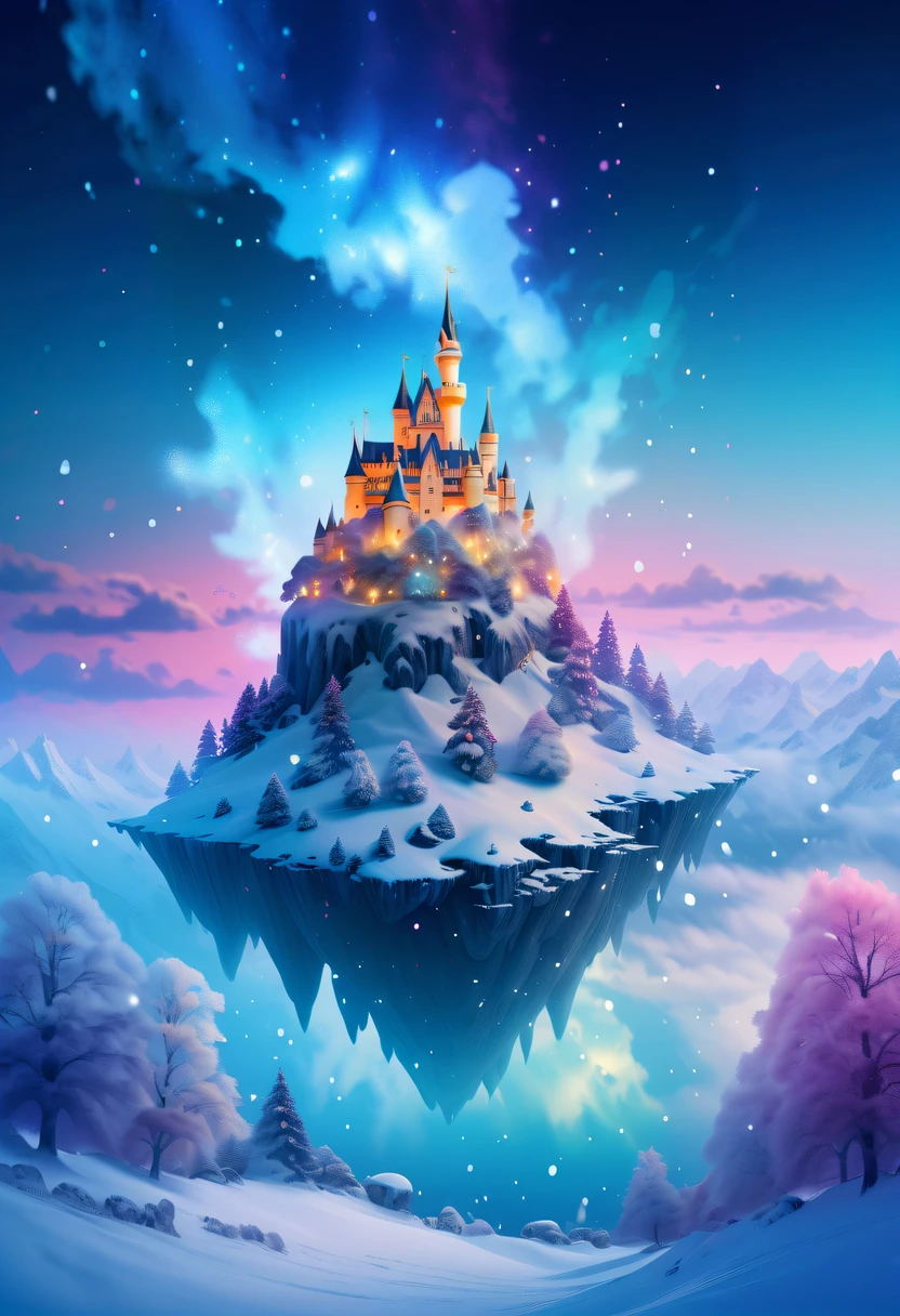 The princess's face appears in the air,(multiple exposure:1.5),winter landscape,Surreal wonderland,Dreamy cloud and fairy island,Colorful snowflakes are flying,A princess'The palace is covered with snow,The tree of life blooms with endless vitality,Twinkling stars in the night sky,Overlapping clouds and fog,Whimsical fantasy landscape art, Beautiful Art Ultra HD 8K, 8K highly detailed digital art, beautiful detailed fantasy, epic dreamlike fantasy landscape, Mysterious and dreamy scenery, Magic fantasy is very detailed, magical scenery, composed...consist of , and Snow Fantasy Floating Fairy Island, detailed fantasy digital art, 8K detailed digital art