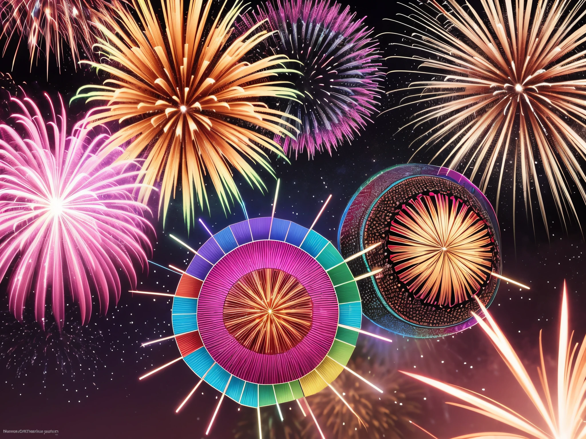 Construct a giant kaleidoscope where 3D fireworks explode into intricate fractal patterns, reflecting the essence of each passing month as they transition into the new year.