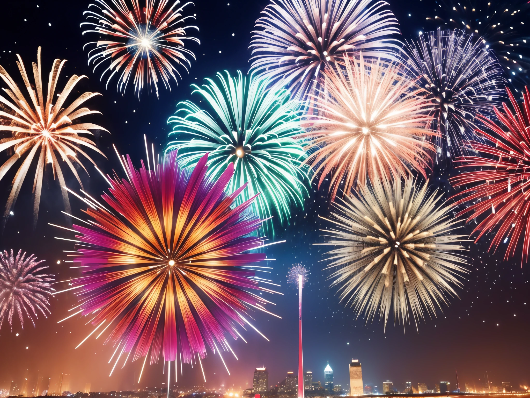 Construct a giant kaleidoscope where 3D fireworks explode into intricate fractal patterns, reflecting the essence of each passing month as they transition into the new year.