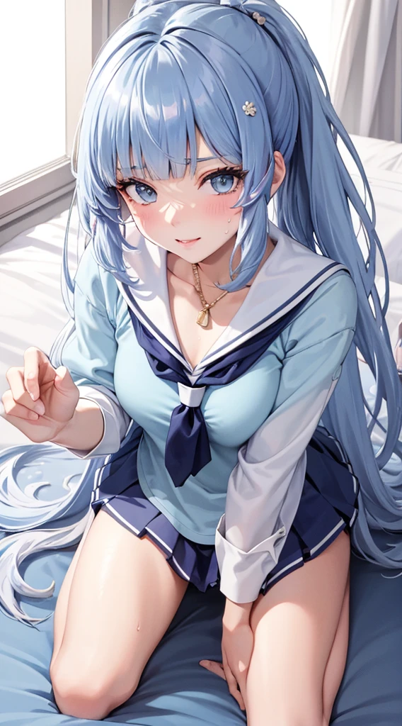 Beautiful illustration、top-quality、 s、Bedroom、A blue-haired、length hair、(((blue pleated skirt)))、(((blue sailor suit)))、shortsleeves、Colossal tits、a navel、Flipping up the skirt with your hands、Show white panties、Pull up your skirt and show your panties、bare-legged、red eyess、on the beds、lovely thighs、glowing thigh、floating hair、wind、skirt lift by myself、orgasm